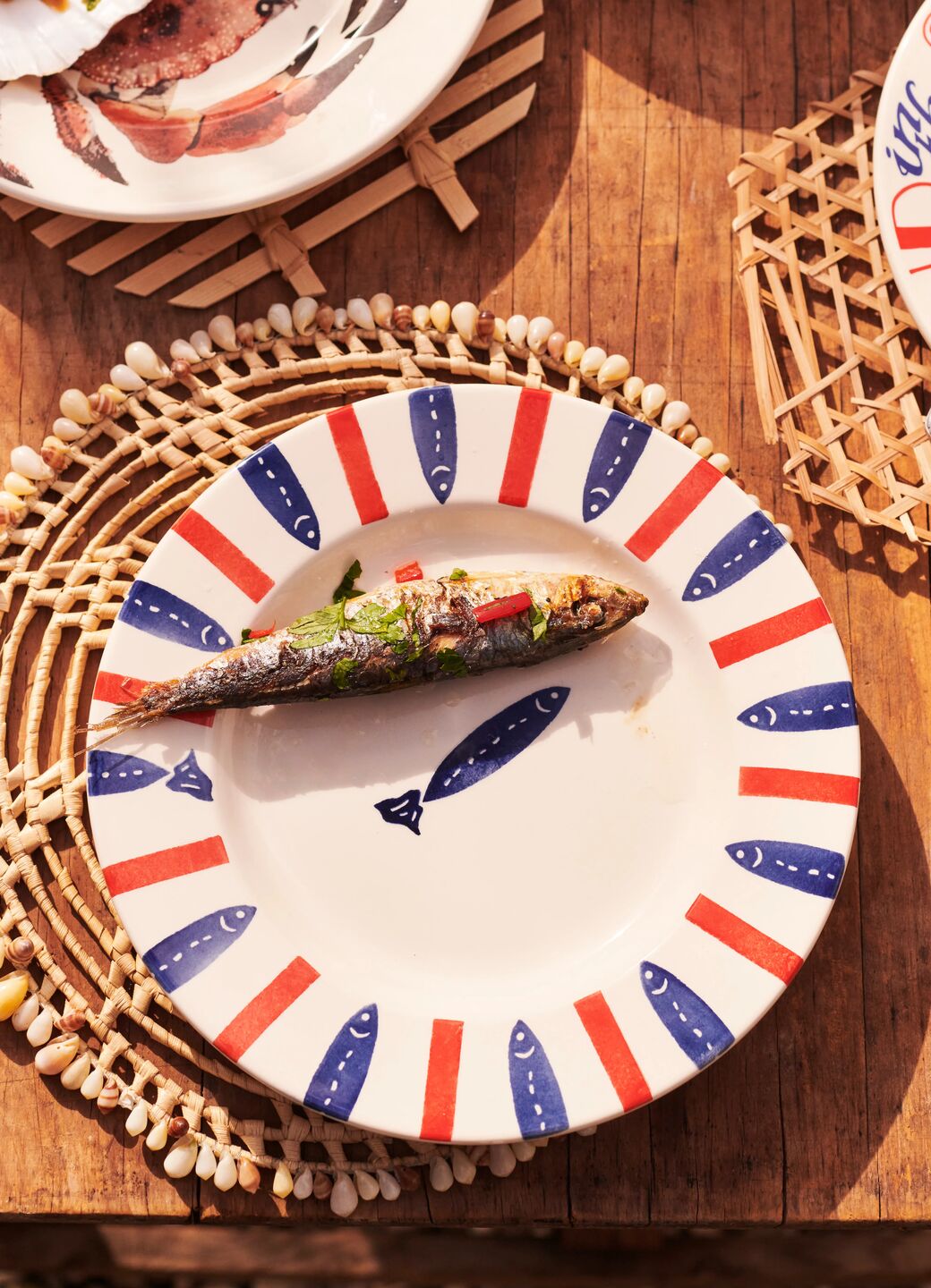 Assiette plate moyenne à rayures fruits de mer, 21,5 cm, décorée à la main, bleu rouge blanc