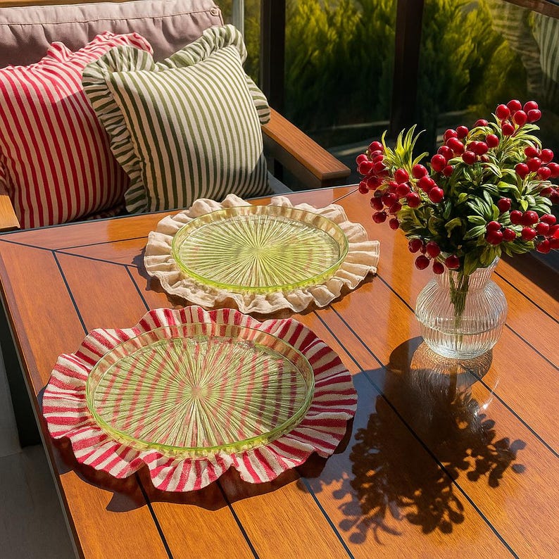 Set de table rond lavable 15 pouces, lin et coton, rayures rouges avec volants, décoration de table campagne