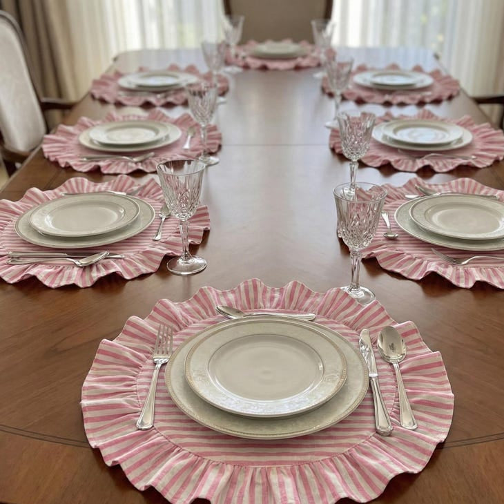 Set de table rond lavable 15 pouces, lin et coton, rayures rouges avec volants, décoration de table campagne