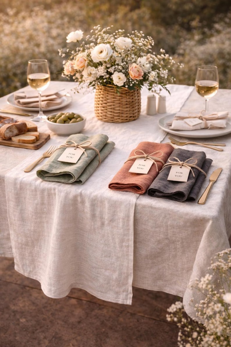 Set de table en lin bohème rectangulaire - Lin lavé doux - Décoration de mariage ou jardin