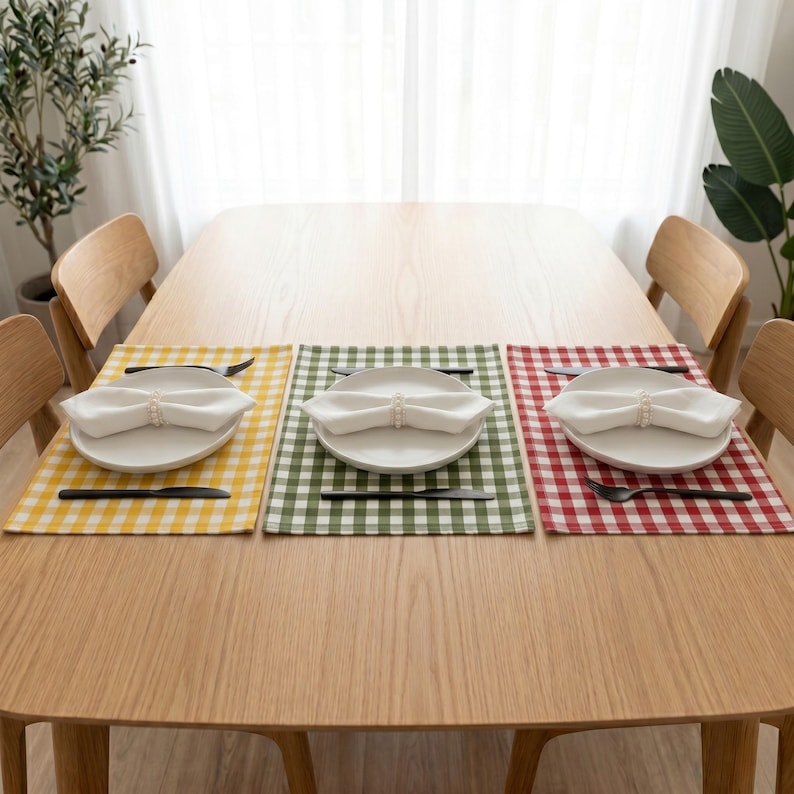 Un ensemble de quatre sets de table en coton vert à carreaux, résistants aux taches : rond, ovale, rectangulaire et carré.
